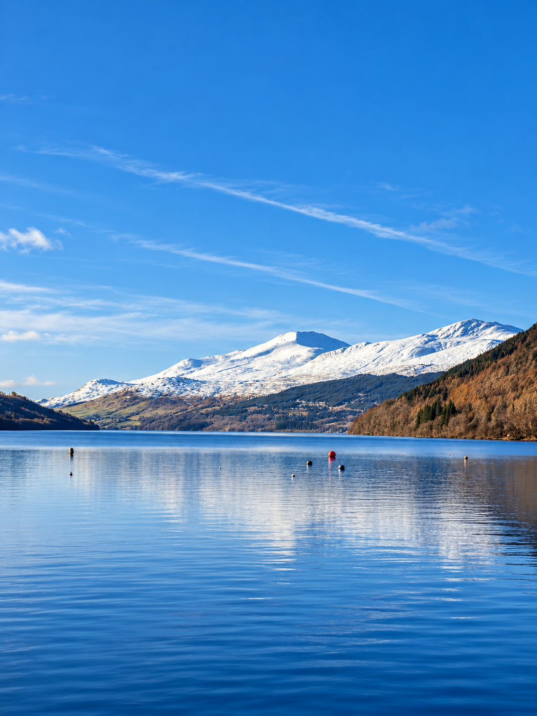 Snow-capped hills above the still blue waters of Loch Tay on a bright winter day