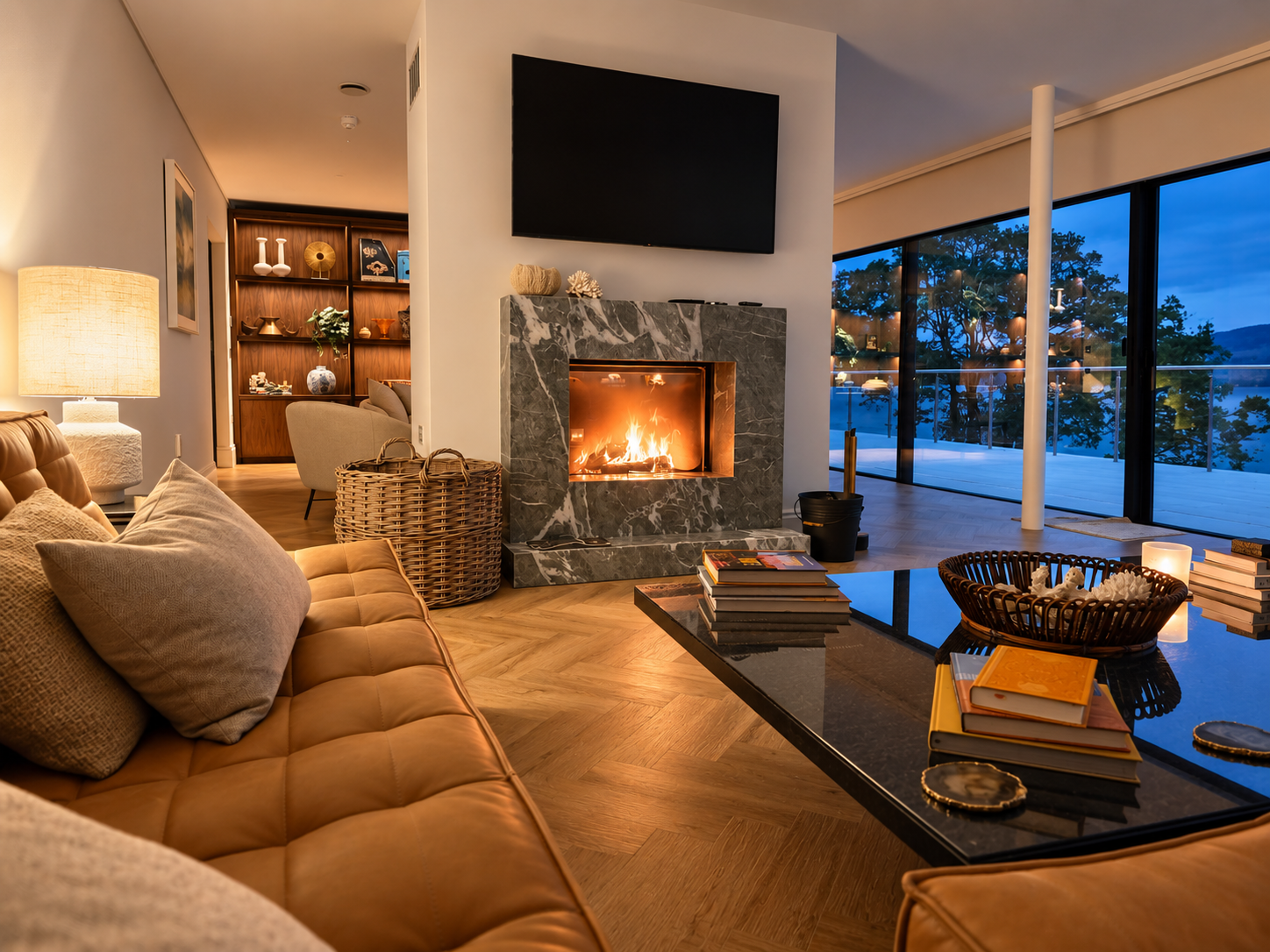 Lit marble fireplace and tan leather sofas at dusk, with the terrace doors open to the loch beyond