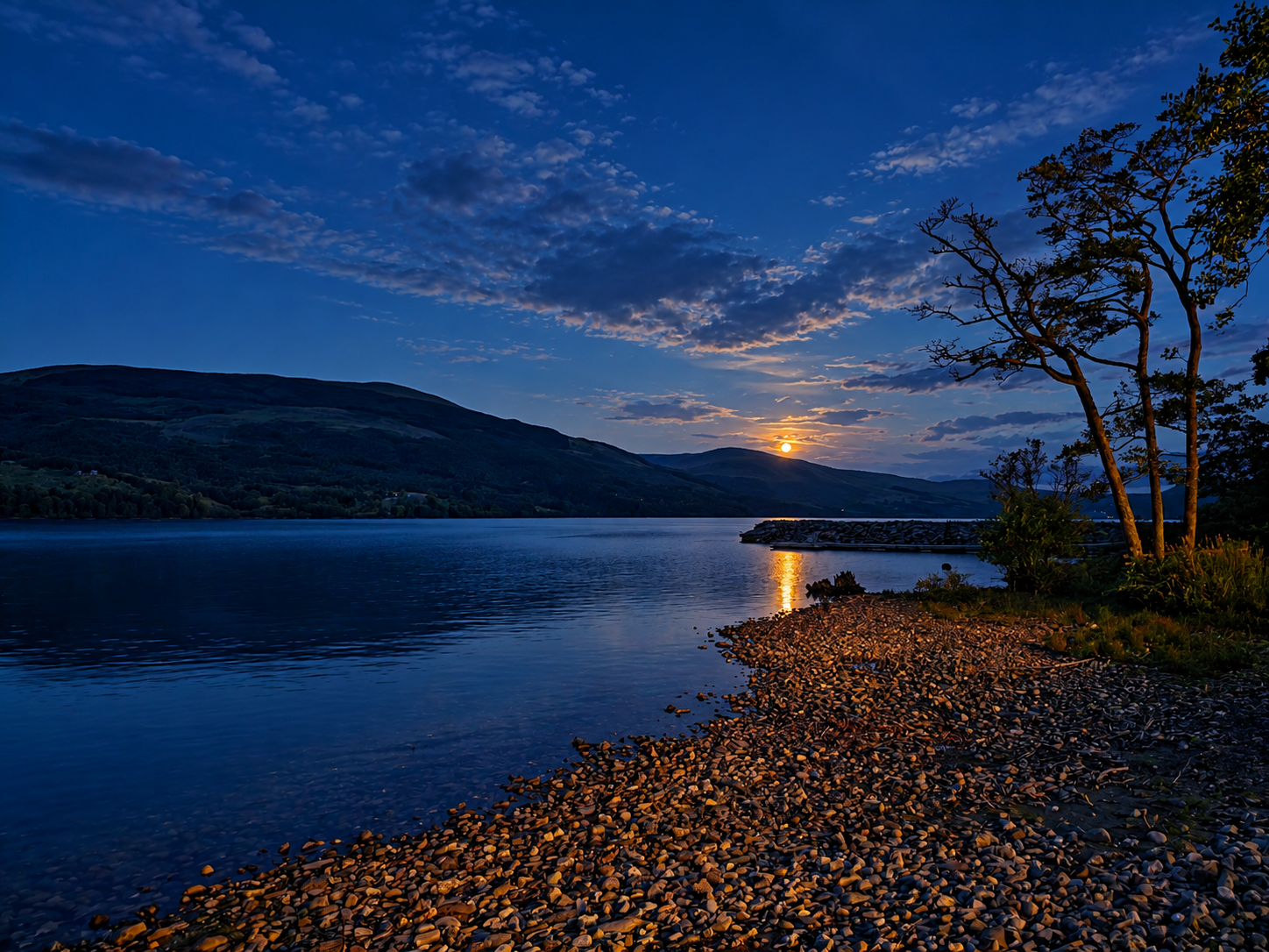 Moonrise over Loch Tay from the pebble shoreline beside the garden
