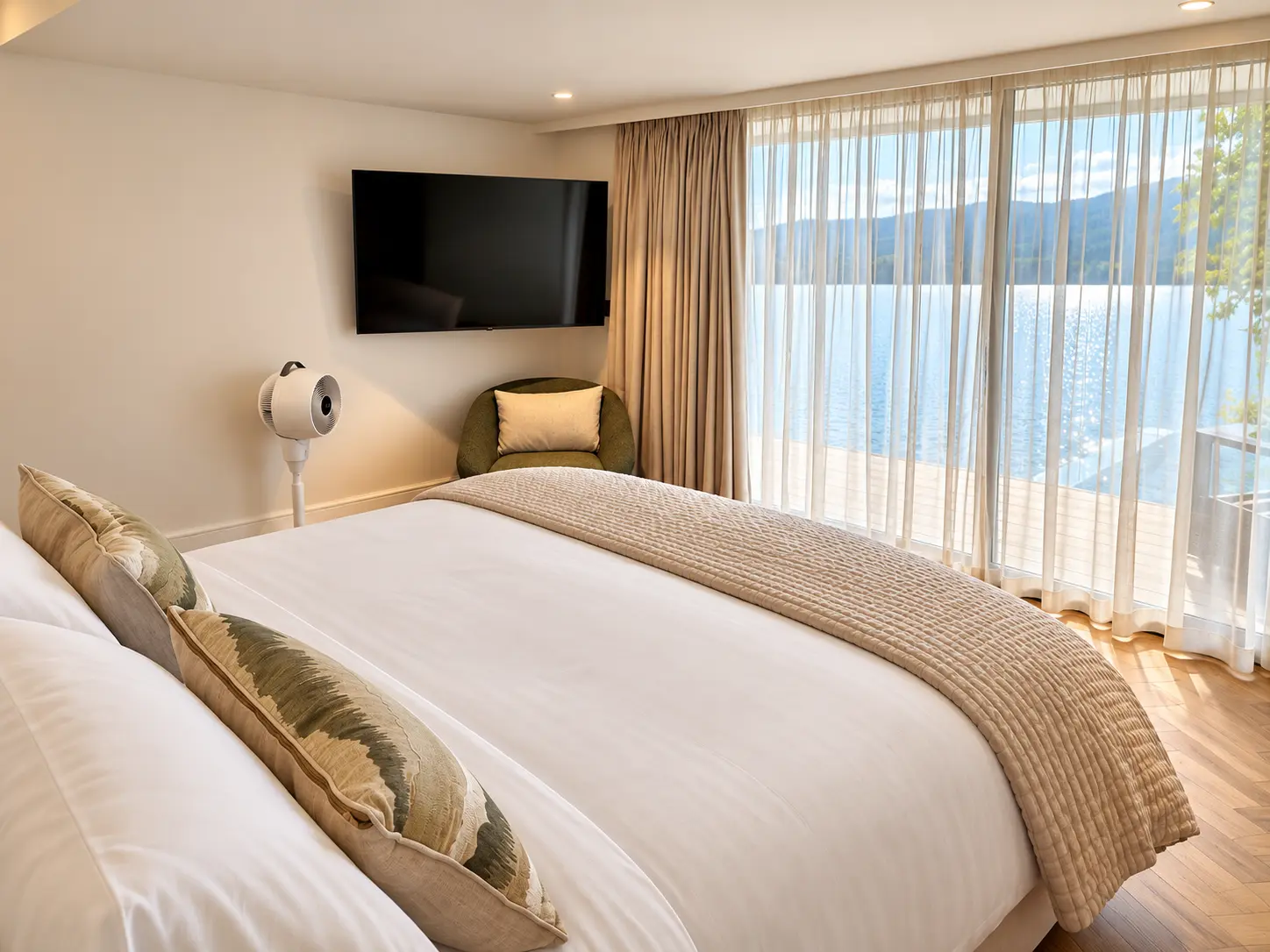 Bedroom opening onto a terrace with sunlit Loch Tay beyond sheer curtains