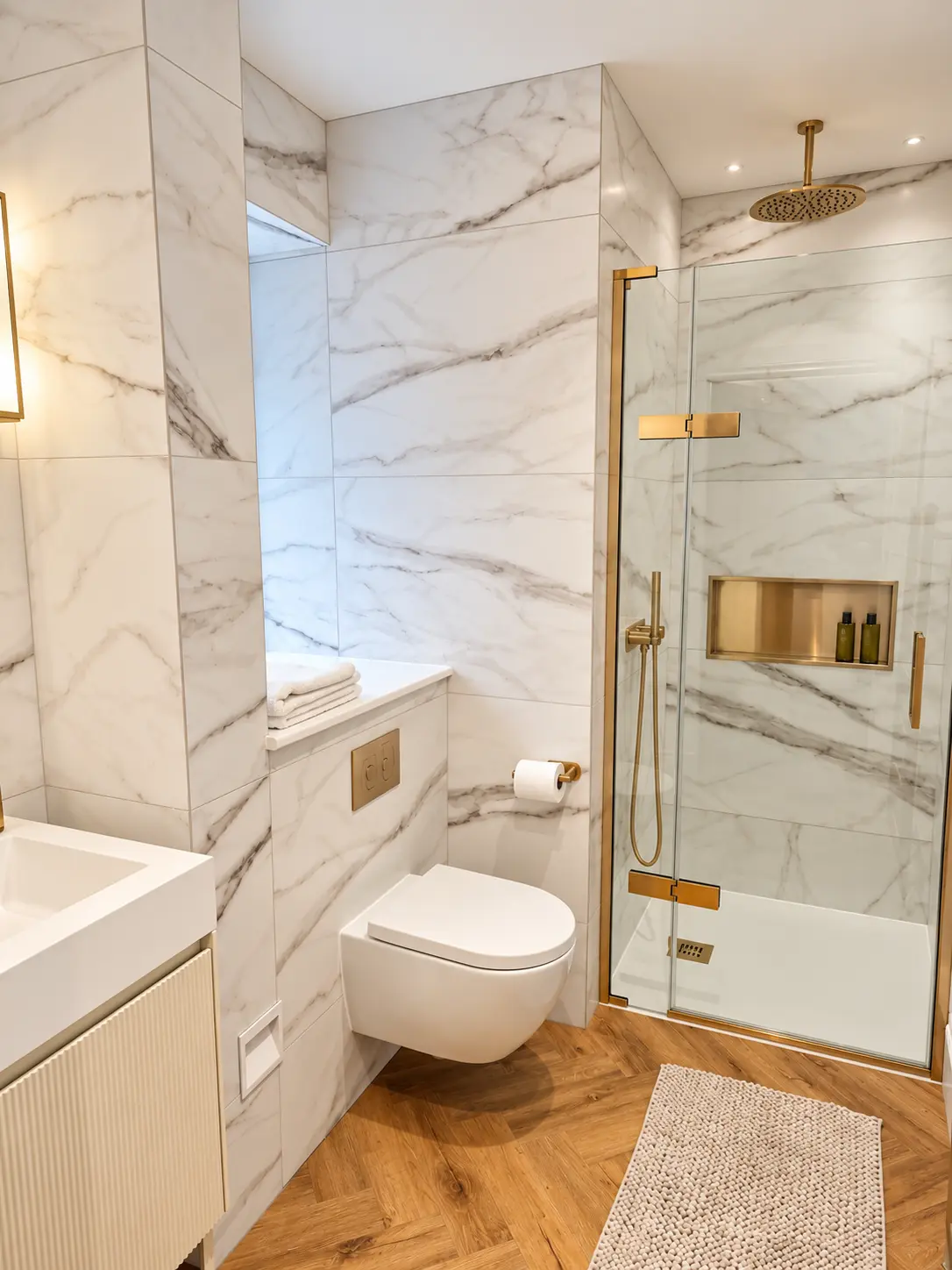 Marble-tiled en-suite with brass rainfall shower and glass screen