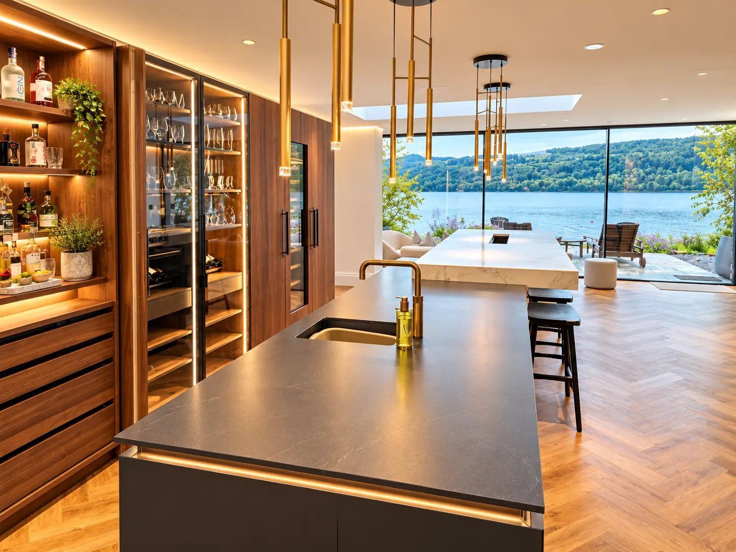 Bar counter with brass pendant lights and glass-fronted cabinets opening onto a terrace overlooking Loch Tay