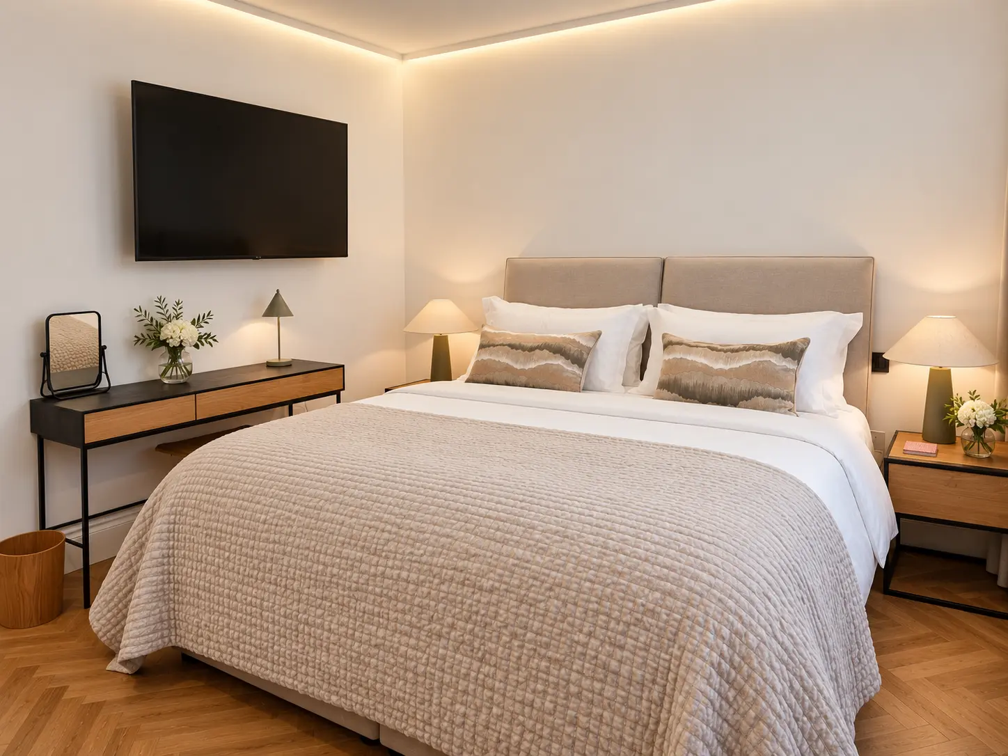 Double bedroom with bedside lamps, desk and wall-mounted TV