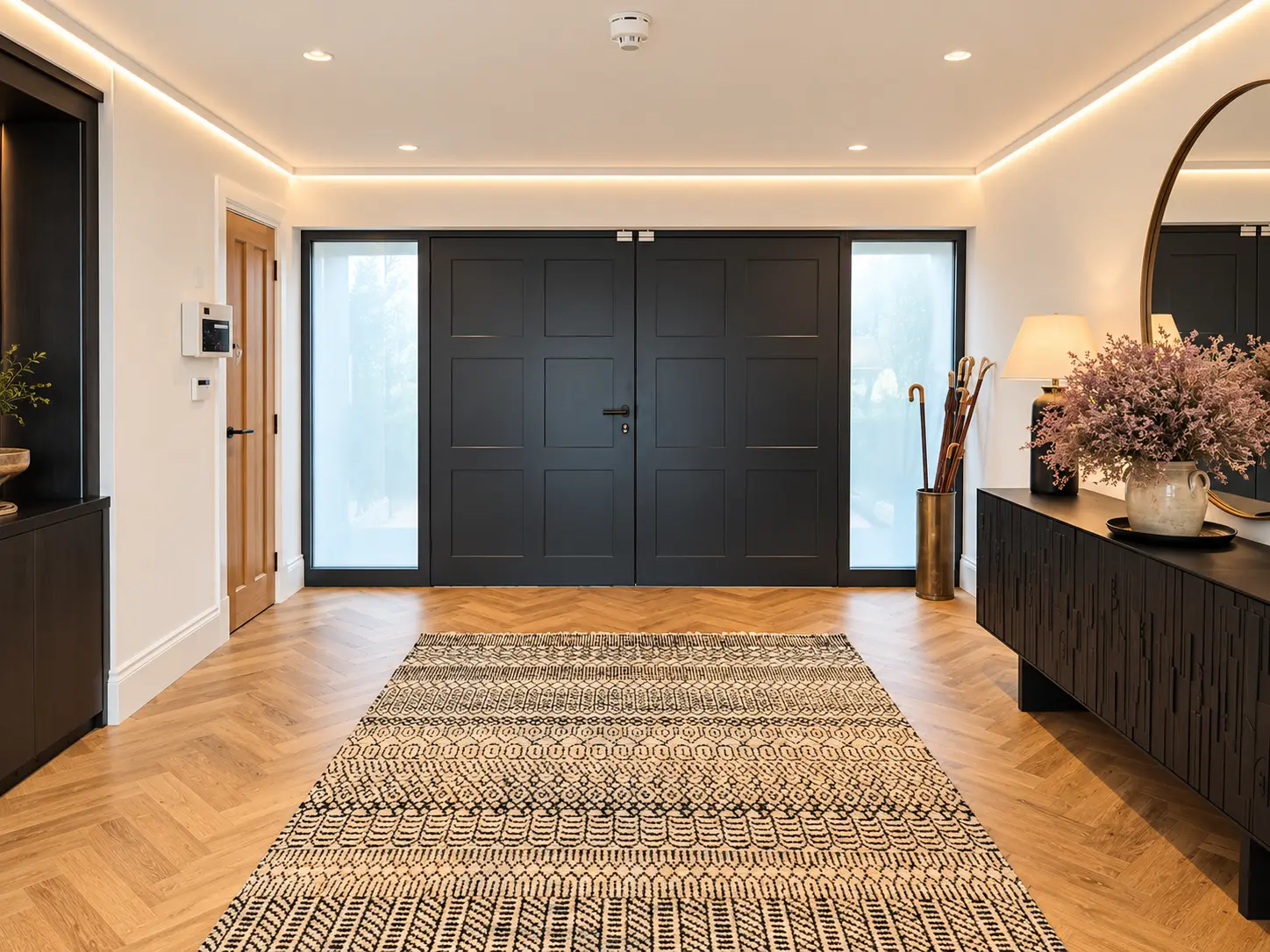 Entrance hall with herringbone oak floor, double black front doors and soft cove lighting