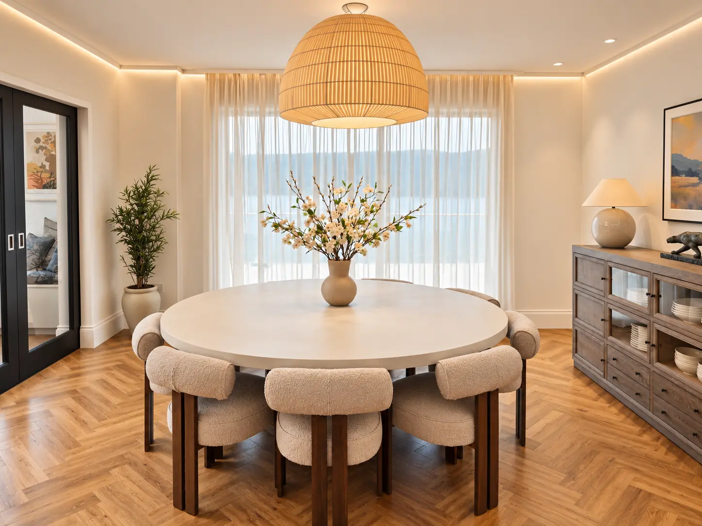 Round dining table with boucle chairs beneath a woven pendant, with loch views through sheer curtains