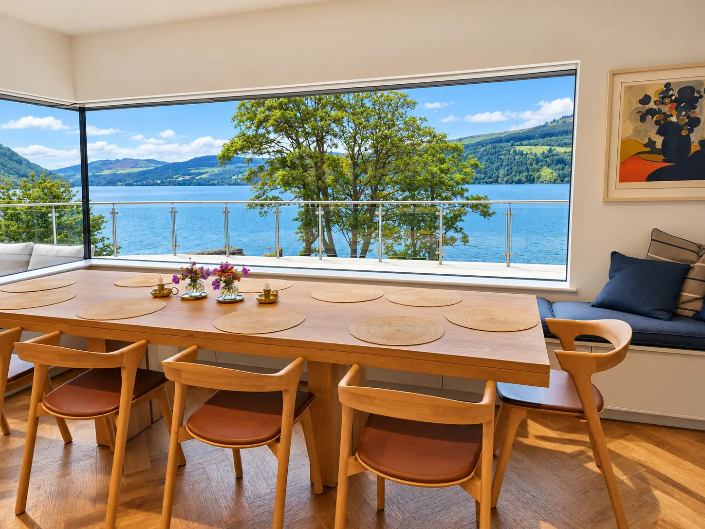 Long oak dining table beside a corner window framing Loch Tay and the hills