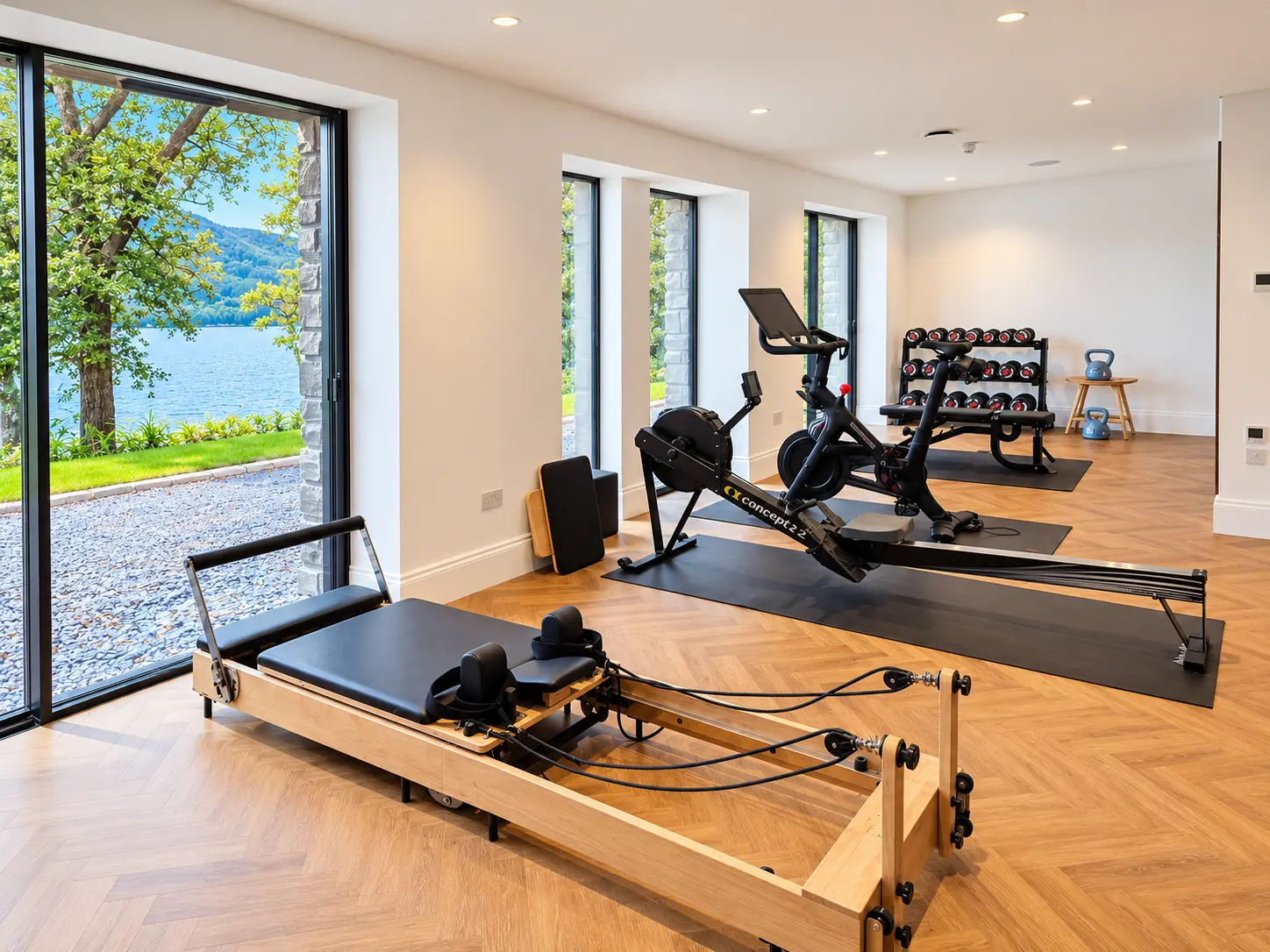 Home gym with reformer Pilates, rower and bike beside floor-to-ceiling windows looking onto Loch Tay