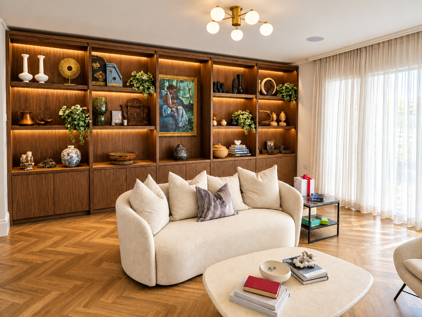 Sitting room with an illuminated walnut library wall, curved cream sofa and brass chandelier