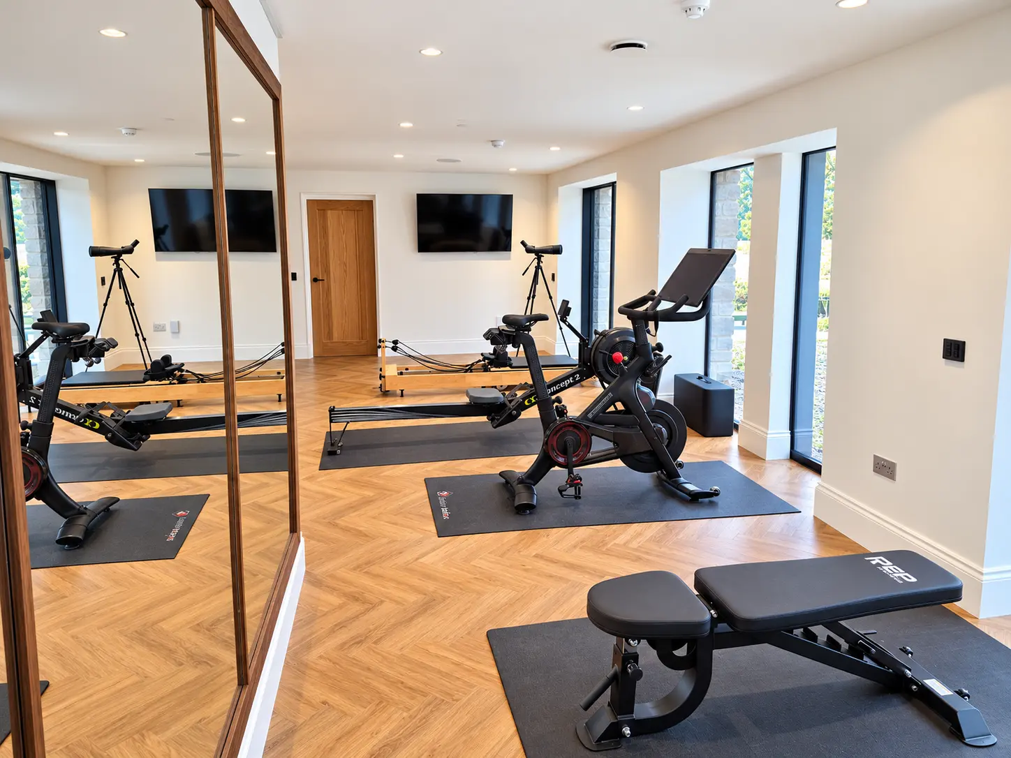 Gym with Peloton bike, Concept2 rower, weight bench and full-height mirror