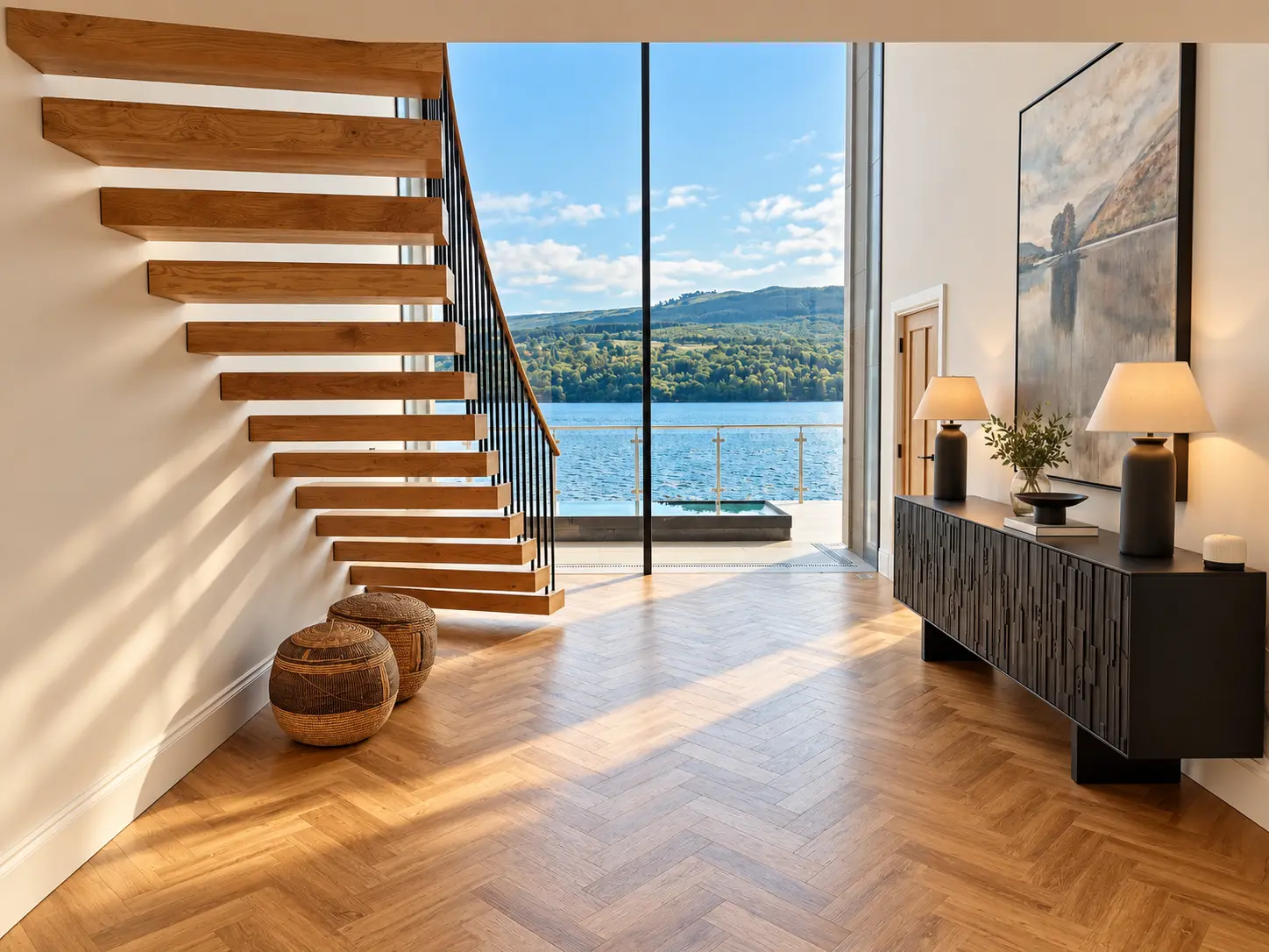 Floating oak staircase beside full-height glazing framing Loch Tay and the hills